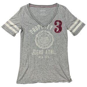 Aero Gray V-Neck T-Shirt With Pink Sequin 3 White Striped Sleeves Womens Large